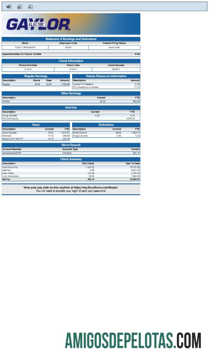Demonstração de rendimentos e deduções da Gaylor Electric, contracheque.pdf, 1 modelo